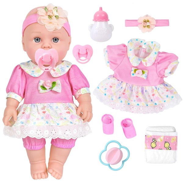 ZQDOLL 12 Inch Girls Baby Dolls with Accessories and Clothes Pplayset, Eyes Open Cute Face Baby Doll with Bottle,Diapers, Pacifier, Toy Stuff for Toddlers Kids Ages 3 and Up
