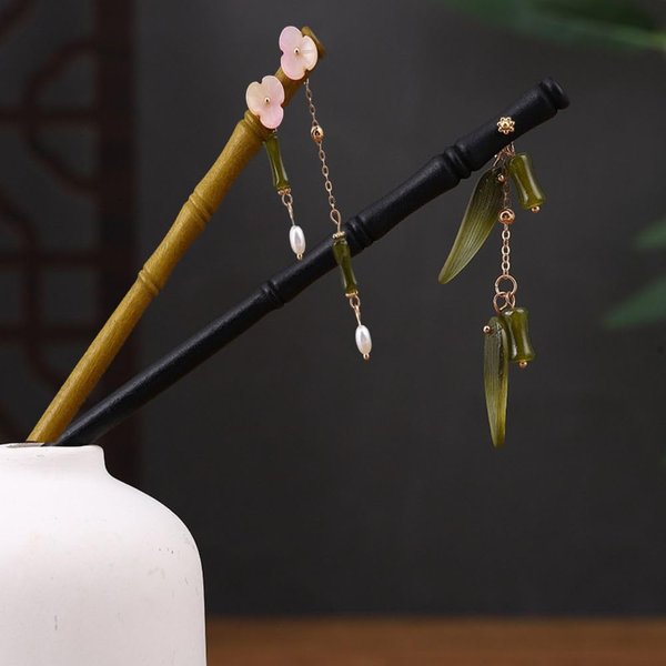 Retro Hair Sticks for Long Hair Elegant Bamboo Hairpin Women Hanfu Hairpins Chinese Hair Fork Green Leaf Jade Hair Pins Ancient Headwear