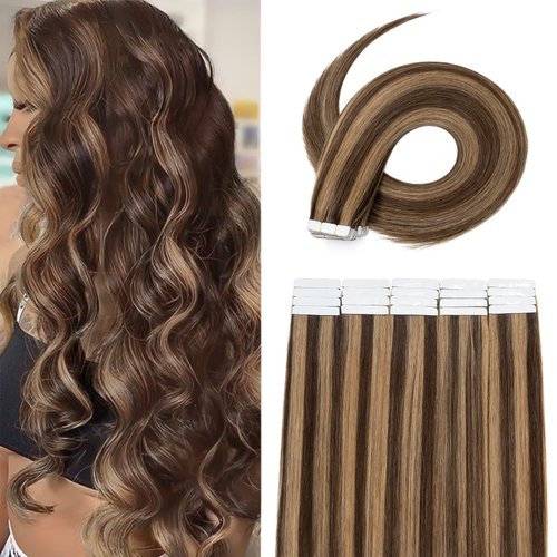 MY-LADY Tape In Hair Extensions Human Hair 24 Inch Medium Brown mix Dark Blonde 50g 20pcs Seamless Invisible Rooted Double Sided Tape In Remy Hair Extensions