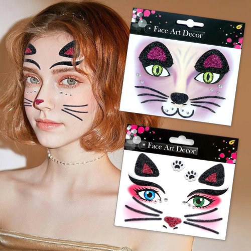 Face Gems Stickers for Women Glitter Face Stickers with Rhinestone Design Halloween Decorations Christmas Face Supplies Animal Face Decals for Party Cosplay Accessories 2Pcs (Cute Cat)