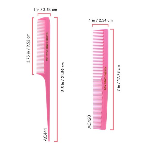 Allegro Combs Rubber Hair Styling Combs Set for Men, Women, Kids - Includes Rat Tail Comb and Barber Comb, Fresh Pink, 2 Count