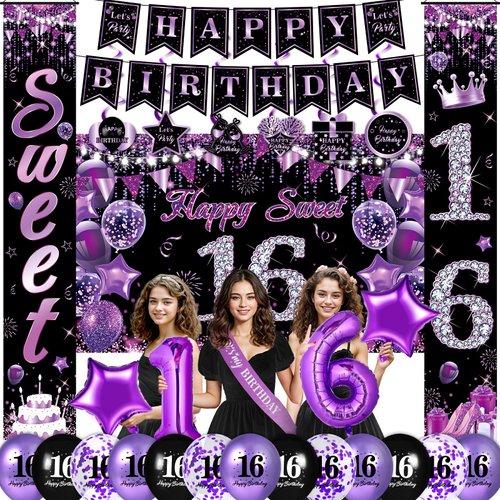 Purple Sweet 16 Birthday Decorations for Girls Purple Black 16th Birthday Banner Hanging Swirls Sweet 16 Porch Banner Backdrop Purple 16th Birthday Balloons Sash for Sweet Sixteen Birthday Party
