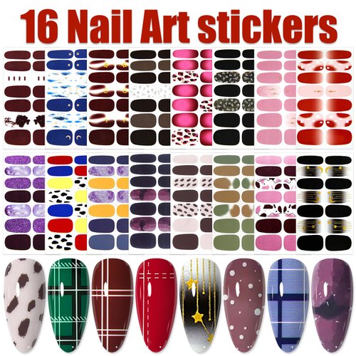WOKOTO 16 Sheets Gradient Mable Nail Stickers Full Nail Polish Wraps Stickers for Women Girls Gel Nail Strips Stick On Nails Polish Strips with Nail File Nail Gel Stickers Full Finernail Stickers