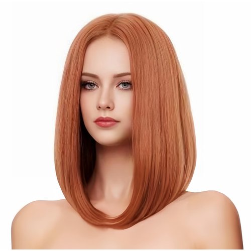 Rugelyss Copper Red Auburn Bob Wigs for Women, 14 Inches Ginger Wig with Middle Part Synthetic Hair Wig for Daily Party or Cosplay