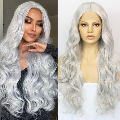 Ebingoo 26 Inch Silver Gray Lace Front Wig+Wig Cap Long Wavy Silver Wig for Women White Curly Lac...