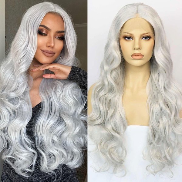 Ebingoo 26 Inch Silver Gray Lace Front Wig+Wig Cap Long Wavy Silver Wig for Women White Curly Lace Front Wig Natural Silver Princess Wig for Halloween Cosplay Synthetic Hair Wigs for Women Daily Wear