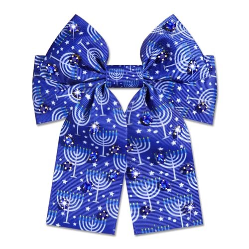 Hanukkah Hair Bows for Women Jewish Star of David Hair Bow Clips Jeweled Menorah Hair Ribbons Barrettes Blue Bows Hanukkah Jewish Outfits Accessories Holiday Gifts (Pattern G)