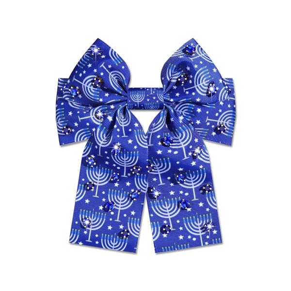Hanukkah Hair Bows for Women Jewish Star of David Hair Bow Clips Jeweled Menorah Hair Ribbons Barrettes Blue Bows Hanukkah Jewish Outfits Accessories Holiday Gifts (Pattern G)