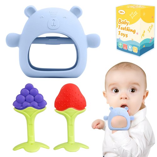 Baby Teething Toys, 3 PCS Teethers Set for 0-6, 3-6 Months & 6-12 Months, Baby Essentials, Infant Toys, Baby Chew Toys Set Food Grade Silicone, Bear Shape Teething Toy Fruit Shape Teether Set