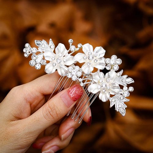 Foyte Crystal Bride Wedding Hair Comb Flower Bridal Headpieces Rhinestone Hair Pieces Bridesmaid Side Combs Hair Accessories for Women and Girls (silver flower)