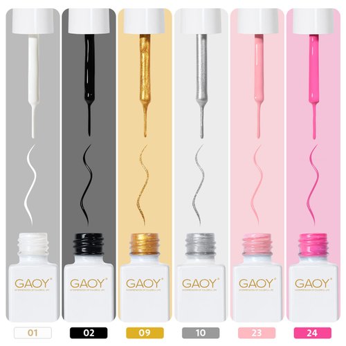 GAOY Gel Nail Polish Art Liner, 6 Classic Colors Black White Gold Silver for Nail Paint Design with Thin Brush DIY French Manicure and Pedicure at Home