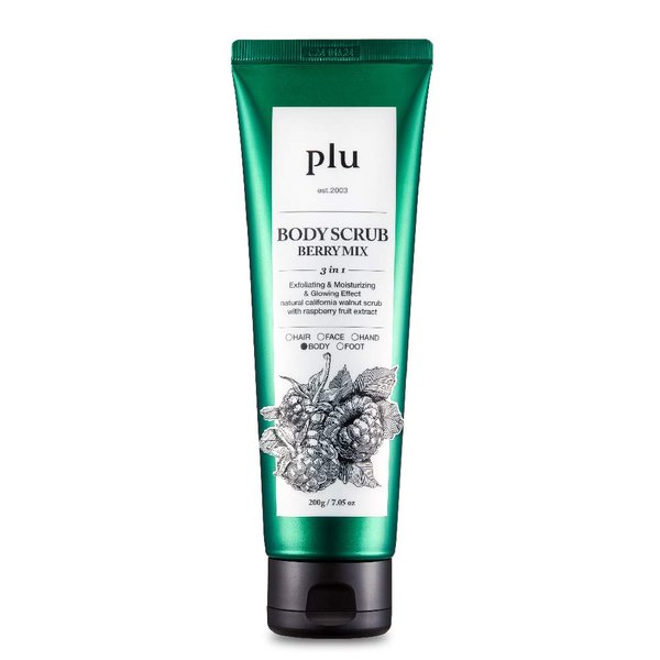 plu Walnut Body Scrub, 3-in-1 Total Care Solution, Exfoliate Moisturize and Glow, 2019 USA Version [Berry Mix/200g]
