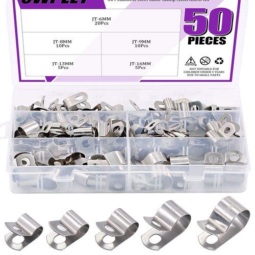 Swpeet 50Pcs 304 Stainless Steel 6mm-16mm Vinyl Coated Cable Clamps Assortment Kit, Without Rubber Cushioned Insulated Clamp, Metal Clamp, Tube Holder for Tube, Pipe or Wire Cord Installation