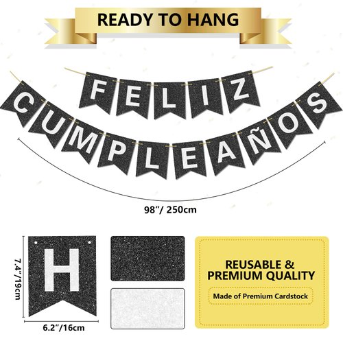 Pre-Strung Happy Birthday Banner - NO DIY - with Shiny Letters Glitter FELIZ CUMPLEAÑOS DECORATIONS Banner for Black Birthday Party Decorations and Supplies