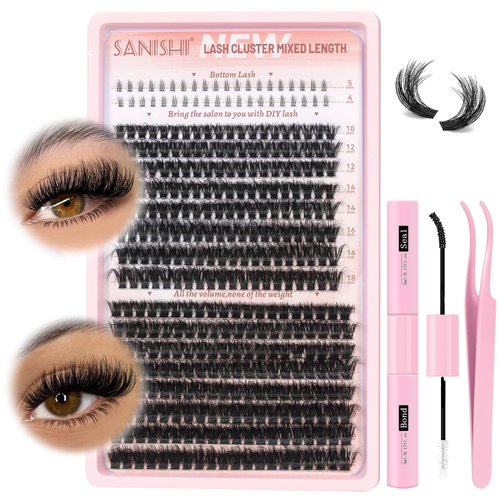 Fluffy Lash Clusters Kit with Bottom Lashes 60D+80D Fluffy Eyelash Extension Kit Thick Volume Individual Lashes 10-18mm with Lower Eyelash Clusters with Lash Bond and Seal and Tweezers (FUFFY-60D80D)
