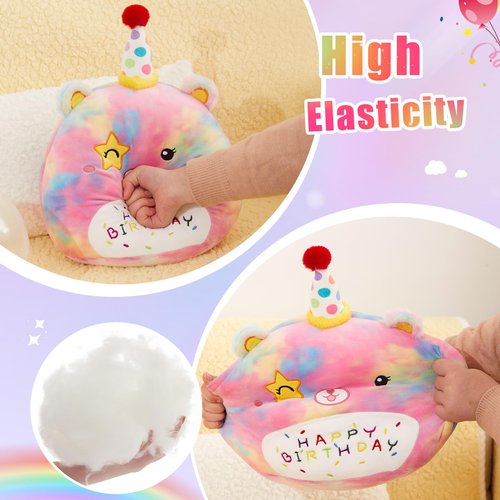 Athoinsu 12" Happy Birthday Bear Plush Pillow Cute Rainbow Stuffed Animal Soft Kawaii Birthday Plushie Star Wink Funny Pillows Home Room Decoration Gifts for Toddlers Kids Girls