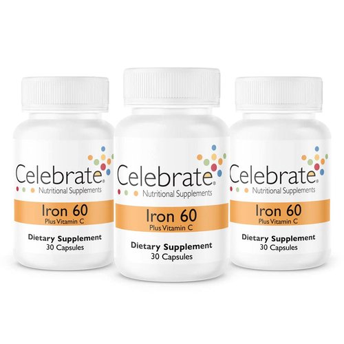 Celebrate Vitamins Iron with Vitamin C Capsules, 60 mg Iron, Bariatric Vitamins for WLS Patients ...
