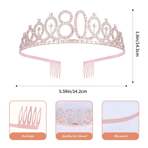JasperKino 80th Birthday Sash and Tiara Set Rose Gold Birthday Sash Crown Birthday Party Favors Supplies for Birthday Party