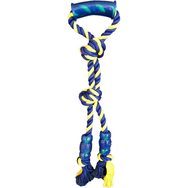 PetSport Easy Tug Braided Cotton Rope Dog Toy with TPR Handle, 18 Inch, Blue and Yellow, 2 Bite Zones