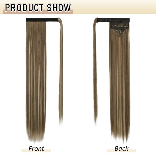 Sofeiyan Long Straight Ponytail Extension 26 inch Wrap Around Ponytail Synthetic Hair Extensions Clip in Ponytail Hairpiece for Women, Ash Brown Highlighted Bleach Blonde