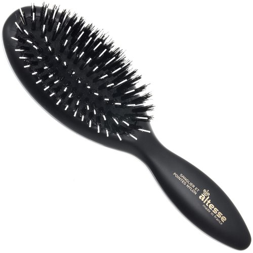Altesse 8907 Natural Bristle Hair Brush Detangler Brush Medium Air Cushion Matte Black Handle with 7 Rows of Black Boar Bristle and Nylon Hairbrush for Thick Hair Styling and Detangling Made in France