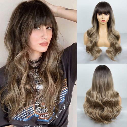 BOGSEA Wig with Bangs Ombre Dark Blonde Long Wavy Wigs for Women Synthetic Heat Resistant Wigs for Daily Party (Dark Ashy Blonde Ombre)