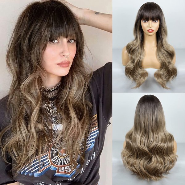 BOGSEA Wig with Bangs Ombre Dark Blonde Long Wavy Wigs for Women Synthetic Heat Resistant Wigs for Daily Party (Dark Ashy Blonde Ombre)