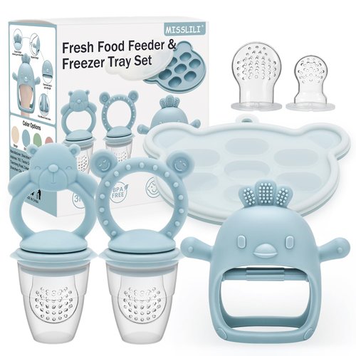 MISSLILI Baby Silicone Fruit Food Feeder Pacifier & Breastmilk Popsicle Freezer Molds,BPA Free Baby Food Storage Containers Frozen Ice Tray for Baby Feeding Safely, Infant Fruit Teething Toy (Blue)