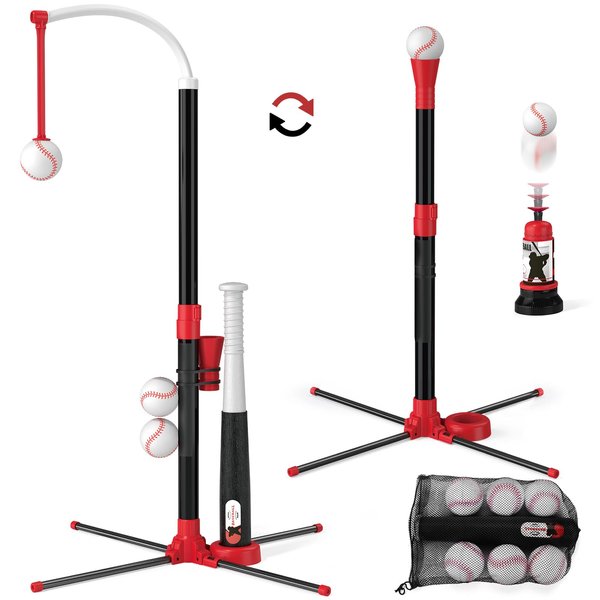 Wee Wonders 3-in-1 T Ball Set - Adjustable Height, Hanging Tee Ball Set with Automatic Pitching Machine/6 Balls/Retractable Bat, T Ball Stand Suit for Outdoor, Sport Toys Gifts for Kids Boys Age 3+