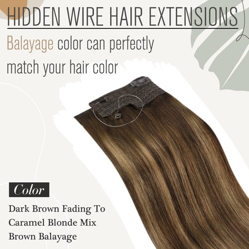 Sunny Wire Hair Extensions Dark Brown Balayage Caramel Blonde Invisible Fish Line Hair Extensions Brown Balayage Human Hair Wire Extensions Long Brown Hair Extensions for Women 100G 20Inch