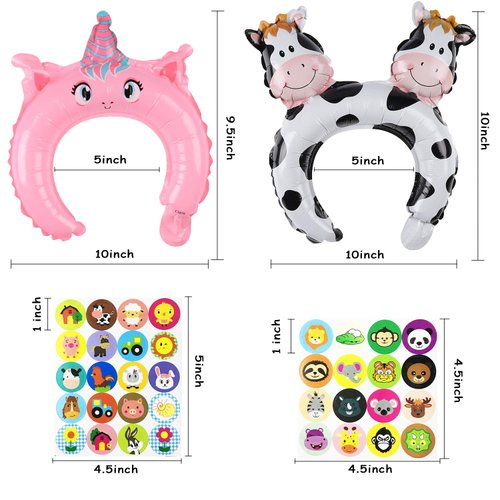 MALLMALL6 50p Zoo Animal Inflatable Headbands Wildlife Balloon Hair Hoop Include Forest Safari Farm Animals Jungle Theme Birthday Party Supplies with Animal Stickers Party Favors Costumes for Kids