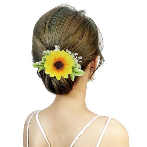 June Bloomy Bride Wedding Sunflower Hair Comb Pearl Flower Hair Piece Rhinestone Hair Accessories (Sunflowerand Babysbreath)