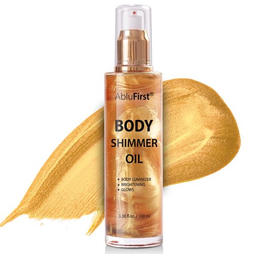 AbluFirst Shimmer Body Oil 100ml Summer Body Glitter Moisturizing Light Shimmer Glow Non-Sticky Summer Body Luminizer and Illuminator Smooth (3.38 Fl Oz (Pack of 1), Gold)