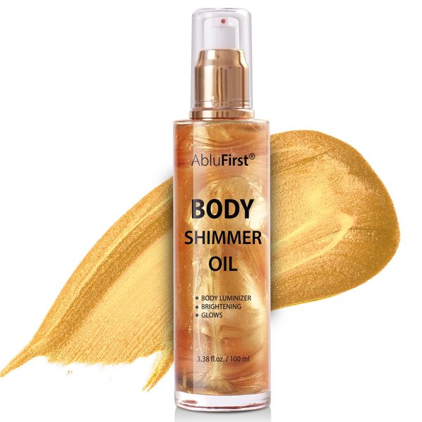 AbluFirst Shimmer Body Oil 100ml Summer Body Glitter Moisturizing Light Shimmer Glow Non-Sticky Summer Body Luminizer and Illuminator Smooth (3.38 Fl Oz (Pack of 1), Gold)