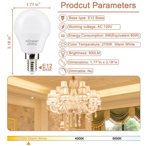 comzler A15 LED Bulbs 60W Equivalent, Warm White 2700K,E12 Small Base LED Round Light Bulb for Ceiling Fan, No Dimmable，6 Pack
