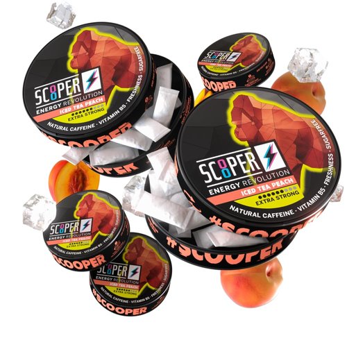 SCOOPER ENERGY Iced Tea Peach | Extra Strong 80mg Caffeine | Energy Pouches Sugarfree | 5 Pack (12 pcs/can)