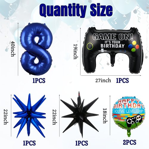 13pcs Video Game Themed Party Decorations, Number 8th Boys Birthday Party Supplies, Navy Blue Video Game Controller Mylar Foil Balloon, Video Game Party Decoration Supplies