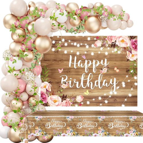 Floral Happy Birthday Decorations Women, 105PCS Wood Flower Birthday Party Supplies Including Happy Birthday Backdrop, Balloon Arch/ Garland Kit, Birthday Tabblecloth for Girls