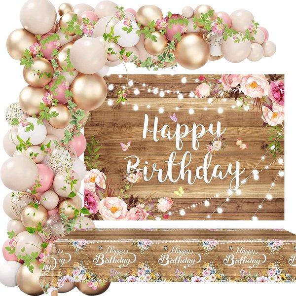 Floral Happy Birthday Decorations Women, 105PCS Wood Flower Birthday Party Supplies Including Happy Birthday Backdrop, Balloon Arch/ Garland Kit, Birthday Tabblecloth for Girls