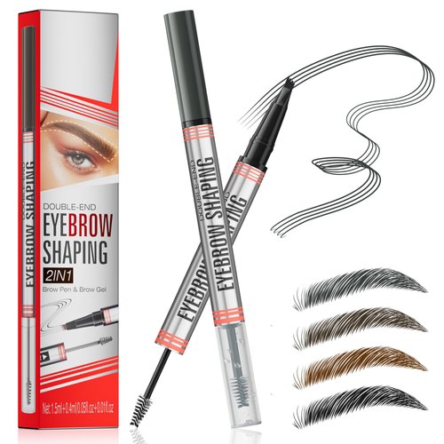 DEFSAP Eyebrow Pencil, Microblading Eyebrow Pen Magical 2-in-1 Dual-Ended Eye Brow Pencils for Women with 4-Fork-Tip & Eyebrow Styling Brush Create Natural Hair-Like Brows and Hairs (Grey)