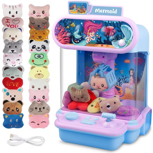 Rmischolar Claw Machine for Kids, Vending Toy Mini Candy Grabber Prize Dispenser with Sound & Mini Plush Toys, Electronic Arcade Game for Home Party Easter Birthday Gifts (Blue/Pink)