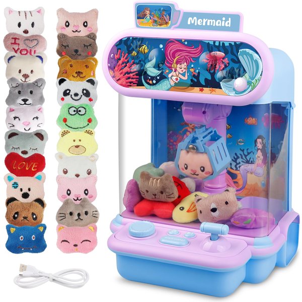 Rmischolar Claw Machine for Kids, Vending Toy Mini Candy Grabber Prize Dispenser with Sound & Mini Plush Toys, Electronic Arcade Game for Home Party Easter Birthday Gifts (Blue/Pink)