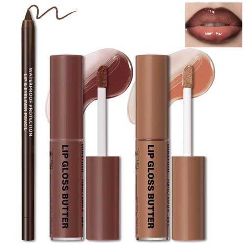 HOSAILY 2 Colors Butter Gloss Hydration Non-Sticky Plumping Lip Gloss for Women Natural Nude Tinted Lip Glow Oil Moisturizing Lightweight Long Lasting High Shine Liquid Lipstick with Lip Liner Combo