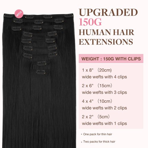 GOO GOO Clip in Hair Extensions Real Human Hair, 20inch 150g 9Pcs, 1 Jet black, Remy Human Hair Extensions Clip ins for Women, Natural Human Hair