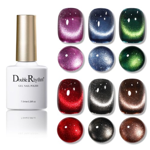 Double Rhythm Cat Eye Gel Nail Polish Set of 6 Colors Shimmer Glitter with Magnet 9D Holographic Reflective Magnetic Nail Polish Kit (Red Black Brown Purple Blue Green-Kit 26)