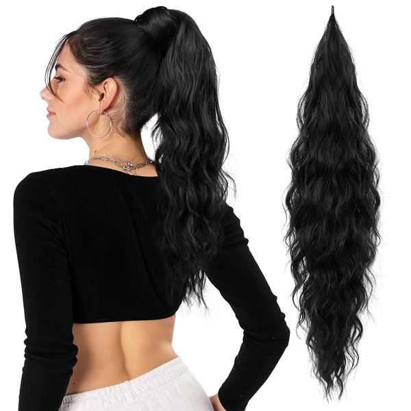 Flufymooz Ponytail Extension, Flexible Wrap Around Ponytail Extension Long Wavy Curly Ponytail Hair Extensions Natural pony tail Synthetic Hairpiece for Women 26 Inch (Natural Black)