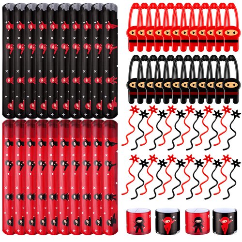 Jiuguva 72 Pcs Ninja Party Favors Toys Karate Birthday Party Supplies Include 24 Warrior Slap Bracelets 24 Stretchy Flying Ninjas and 24 Stars Slingshots for Ninja Samurai Party Decorations