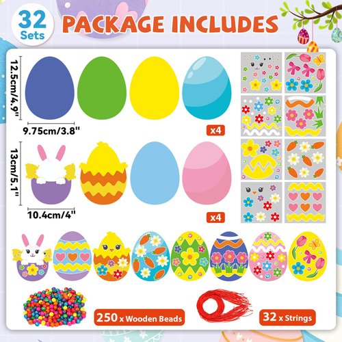 Qyeahkj 32 Set Easter Egg Craft Kit for Kids Easter Bunny Necklaces Beads Ornaments DIY Spring Sticker Arts Crafts Activities Make Your Own Hanging Decor Supplies for Home School Classroom Party Favor