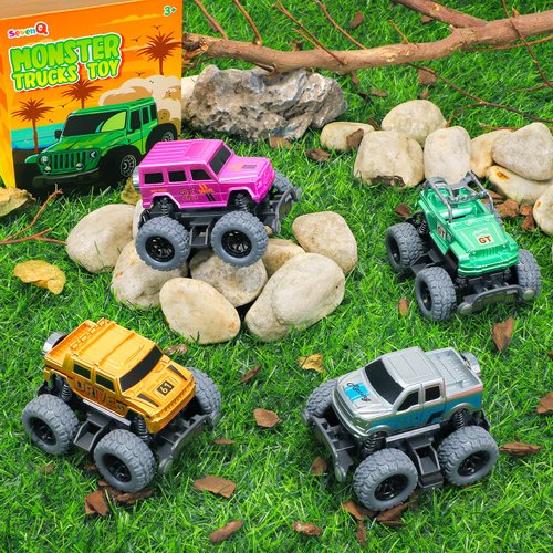 SevenQ Monster Truck Toys for Boys, 4 Pcs Toy Cars Flip Stunt Car, Pull Back Race Cars Party Favors Friction Powered Cars Retro Toddler Toys Vehicles Goodie Bag Stuffers Birthday