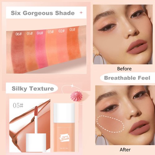 Liquid Blush Makeup, Liquid Blush for Cheeks, Cream Matte Blush Liquid, Natural Looking Waterproof Lightweight Breathable Feel, Sheer Flush Of Color Long-Wearing Dewy Finish 0.27 Fl Oz (05#)